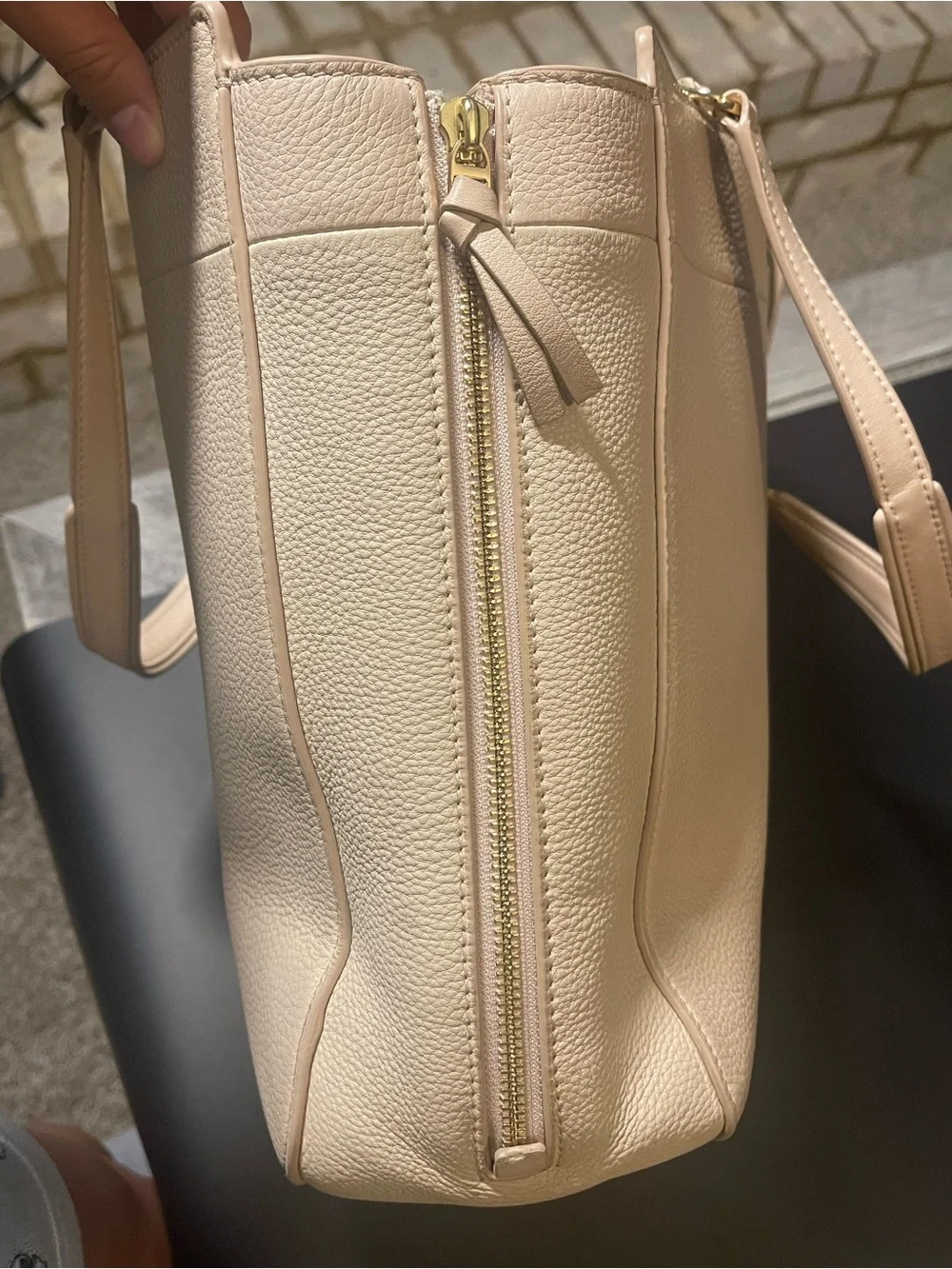 Tory Burch Ivy Side-Zip Leather Tote in Light Oak Pebbled Leather